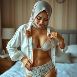 A portrait of a Malay woman in a hijab, wearing a blouse with all buttons open revealing a hint of her bra