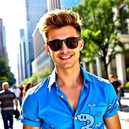 A stylish young man wearing a vibrant blue shirt, standing confidently in an urban environment with skyscrapers in the background