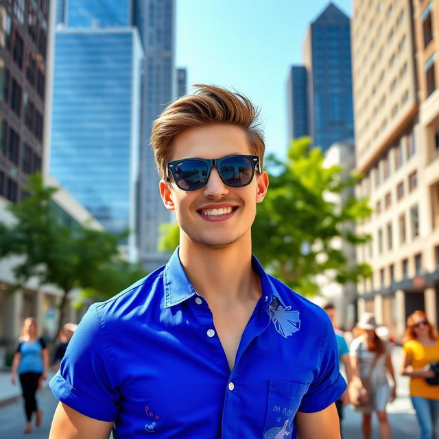 A stylish young man wearing a vibrant blue shirt, standing confidently in an urban environment with skyscrapers in the background