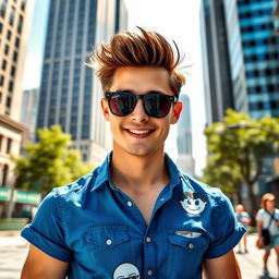A stylish young man wearing a vibrant blue shirt, standing confidently in an urban environment with skyscrapers in the background
