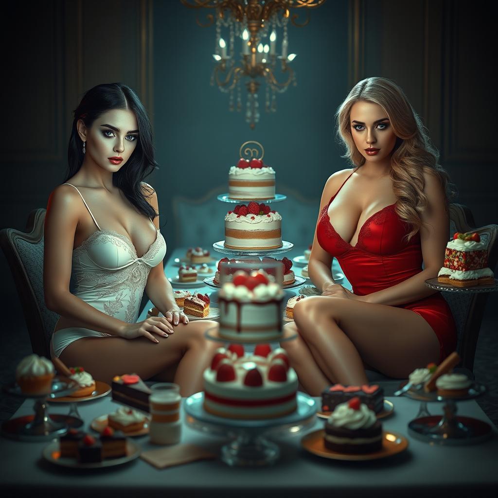 In a dimly lit room, two enchanting young women sit on opposite sides of a grand table filled with a sumptuous array of cakes and desserts