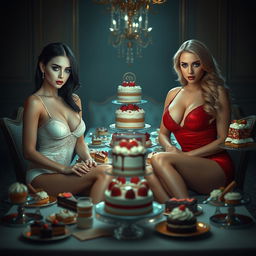 In a dimly lit room, two enchanting young women sit on opposite sides of a grand table filled with a sumptuous array of cakes and desserts