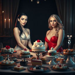 In a dimly lit room, two enchanting young women sit on opposite sides of a grand table filled with a sumptuous array of cakes and desserts