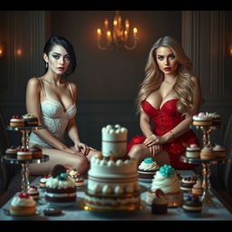 In a dimly lit room, two enchanting young women sit on opposite sides of a grand table filled with a sumptuous array of cakes and desserts