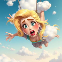 A beautiful blonde cartoon woman with striking blue eyes and bright red lips, depicted with a scared expression, as she is dramatically falling from the sky surrounded by fluffy white clouds