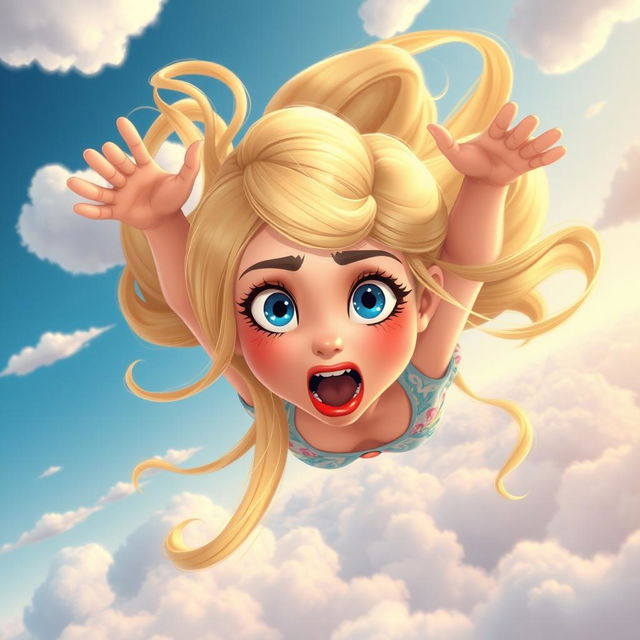 A beautiful blonde cartoon woman with striking blue eyes and bright red lips, depicted with a scared expression, as she is dramatically falling from the sky surrounded by fluffy white clouds