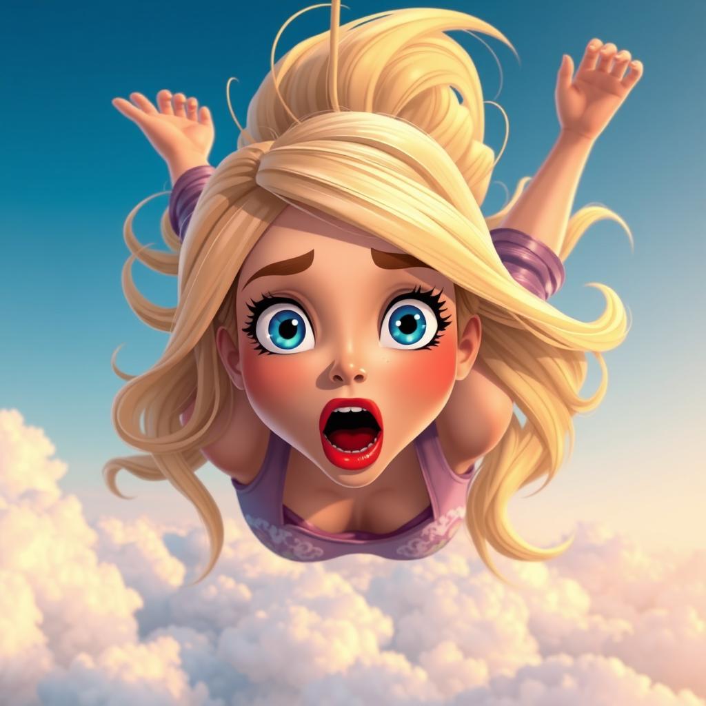 A beautiful blonde cartoon woman with striking blue eyes and bright red lips, depicted with a scared expression, as she is dramatically falling from the sky surrounded by fluffy white clouds