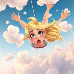 A beautiful blonde cartoon woman with striking blue eyes and bright red lips, depicted with a scared expression, as she is dramatically falling from the sky surrounded by fluffy white clouds