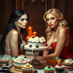 In a dimly lit room, two enchanting young women sit across from each other at a lavish table brimming with a delightful assortment of cakes and desserts