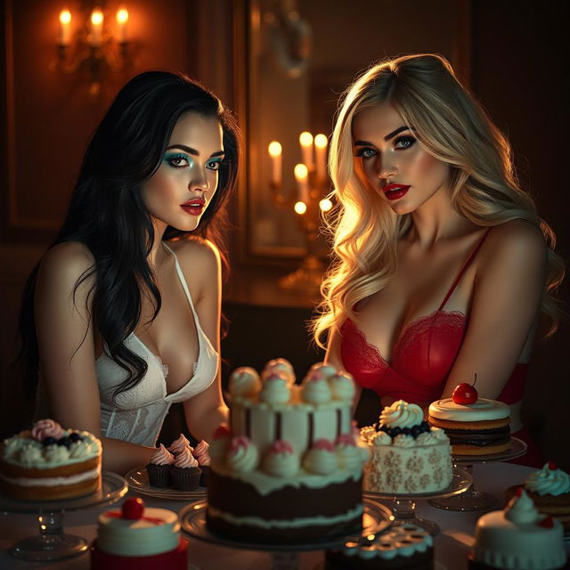 In a dimly lit room, two enchanting young women sit across from each other at a lavish table brimming with a delightful assortment of cakes and desserts