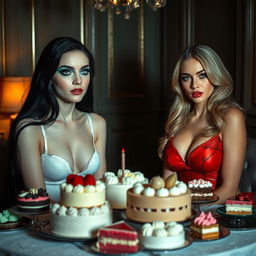 In a dimly lit room, two enchanting young women sit across from each other at a lavish table brimming with a delightful assortment of cakes and desserts