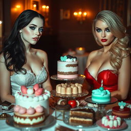 In a dimly lit room, two enchanting young women sit across from each other at a lavish table brimming with a delightful assortment of cakes and desserts