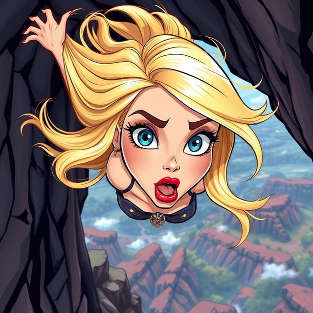 A beautiful blonde cartoon woman with striking blue eyes and vivid red lips, vividly illustrated in a colorful and whimsical style, falling off a cliff with a terrified expression on her face