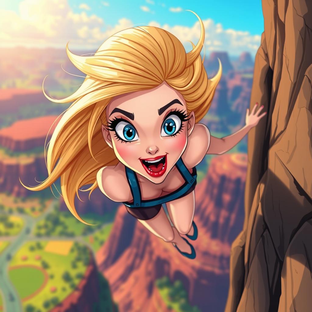 A beautiful blonde cartoon woman with striking blue eyes and vivid red lips, vividly illustrated in a colorful and whimsical style, falling off a cliff with a terrified expression on her face