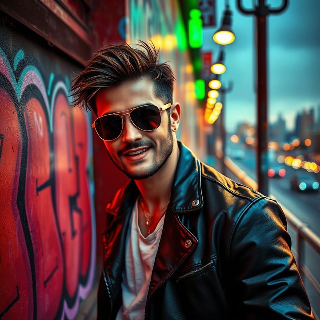 A cool, suave man in a stylish urban setting, wearing trendy sunglasses and a leather jacket, casually leaning against a graffiti-covered wall