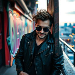 A cool, suave man in a stylish urban setting, wearing trendy sunglasses and a leather jacket, casually leaning against a graffiti-covered wall