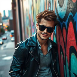 A cool, suave man in a stylish urban setting, wearing trendy sunglasses and a leather jacket, casually leaning against a graffiti-covered wall