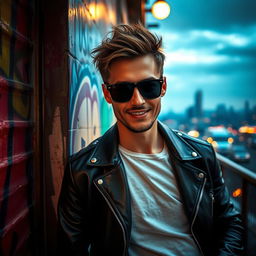 A cool, suave man in a stylish urban setting, wearing trendy sunglasses and a leather jacket, casually leaning against a graffiti-covered wall
