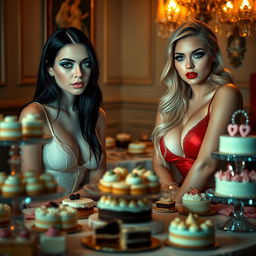 In a dimly lit room, two exquisite young women are elegantly seated opposite each other at a table adorned with an abundance of cakes and desserts