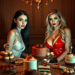 In a dimly lit room, two exquisite young women are elegantly seated opposite each other at a table adorned with an abundance of cakes and desserts