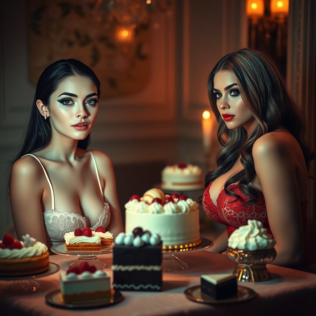 In a dimly lit room, two exquisite young women are elegantly seated opposite each other at a table adorned with an abundance of cakes and desserts