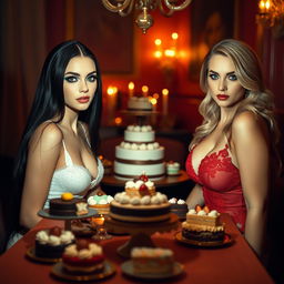 In a dimly lit room, two exquisite young women are elegantly seated opposite each other at a table adorned with an abundance of cakes and desserts