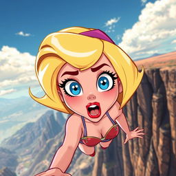 A beautiful toon woman with bright blonde hair, striking blue eyes, and bold red lips, falling off a cliff