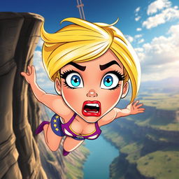 A beautiful toon woman with bright blonde hair, striking blue eyes, and bold red lips, falling off a cliff