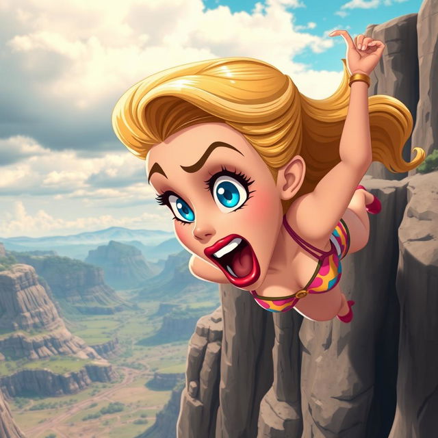 A beautiful toon woman with bright blonde hair, striking blue eyes, and bold red lips, falling off a cliff