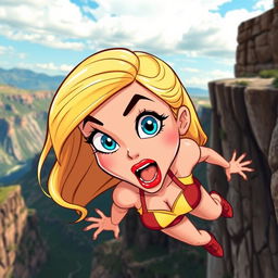 A beautiful toon woman with bright blonde hair, striking blue eyes, and bold red lips, falling off a cliff