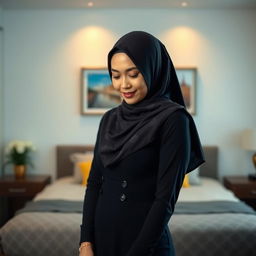 A portrait of a Malay woman in a hijab, elegantly dressed in a slim fit dress that highlights her figure