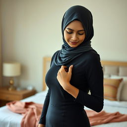 A portrait of a Malay woman in a hijab, elegantly dressed in a slim fit dress that highlights her figure