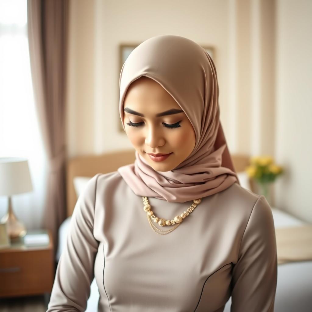 A portrait of a Malay woman in a hijab, elegantly dressed in a slim fit dress that highlights her figure