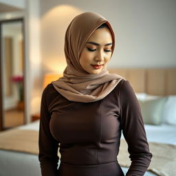 A portrait of a Malay woman in a hijab, elegantly dressed in a slim fit dress that highlights her figure