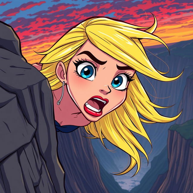 A beautiful blonde cartoon woman with striking blue eyes and vibrant red lips is depicted in a scene where she is dramatically falling off a cliff