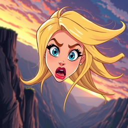 A beautiful blonde cartoon woman with striking blue eyes and vibrant red lips is depicted in a scene where she is dramatically falling off a cliff