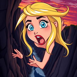 A beautiful blonde cartoon woman with striking blue eyes and vibrant red lips is depicted in a scene where she is dramatically falling off a cliff