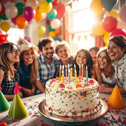 A vibrant and joyful birthday celebration scene featuring a beautifully decorated cake with colorful frosting and candles