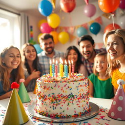 A vibrant and joyful birthday celebration scene featuring a beautifully decorated cake with colorful frosting and candles