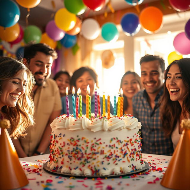 A vibrant and joyful birthday celebration scene featuring a beautifully decorated cake with colorful frosting and candles