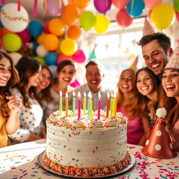 A vibrant and joyful birthday celebration scene featuring a beautifully decorated cake with colorful frosting and candles
