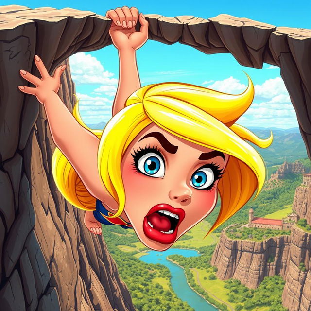 A beautiful toon woman, with vibrant blonde hair, striking blue eyes, and lush red lips, depicted dramatically as she is falling off a cliff