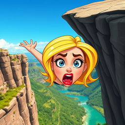 A beautiful toon woman, with vibrant blonde hair, striking blue eyes, and lush red lips, depicted dramatically as she is falling off a cliff