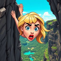 A beautiful toon woman, with vibrant blonde hair, striking blue eyes, and lush red lips, depicted dramatically as she is falling off a cliff
