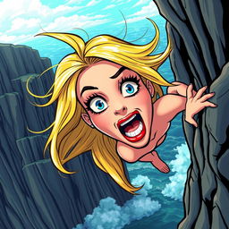 A vibrant, animated style illustration of a beautiful blonde toon woman with striking blue eyes and bright red lips