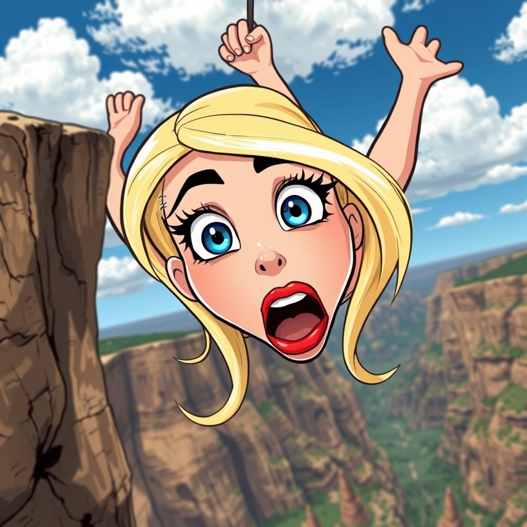 A beautiful blonde toon woman with large blue eyes and vivid red lips, depicted in a cartoon style, is falling off a cliff