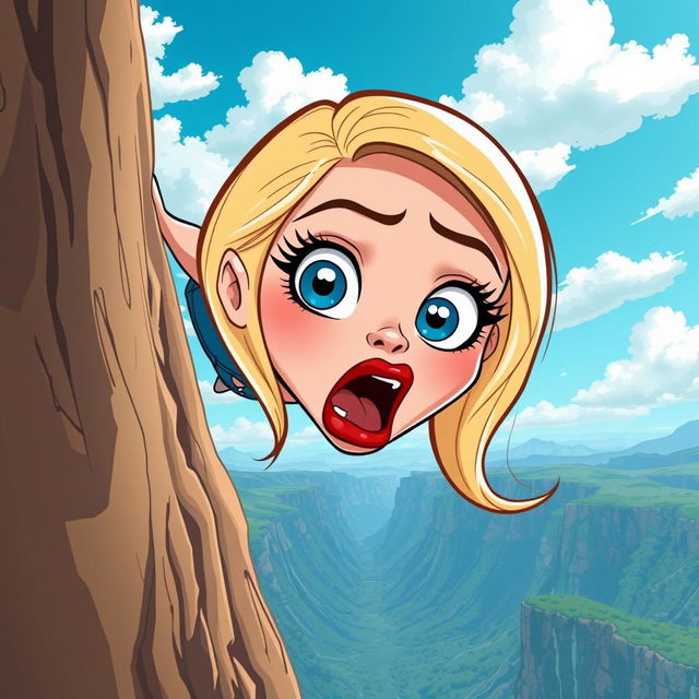 A beautiful blonde toon woman with large blue eyes and vivid red lips, depicted in a cartoon style, is falling off a cliff