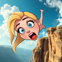 A beautiful blonde toon woman with large blue eyes and vivid red lips, depicted in a cartoon style, is falling off a cliff