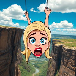 A beautiful blonde toon woman with large blue eyes and vivid red lips, depicted in a cartoon style, is falling off a cliff