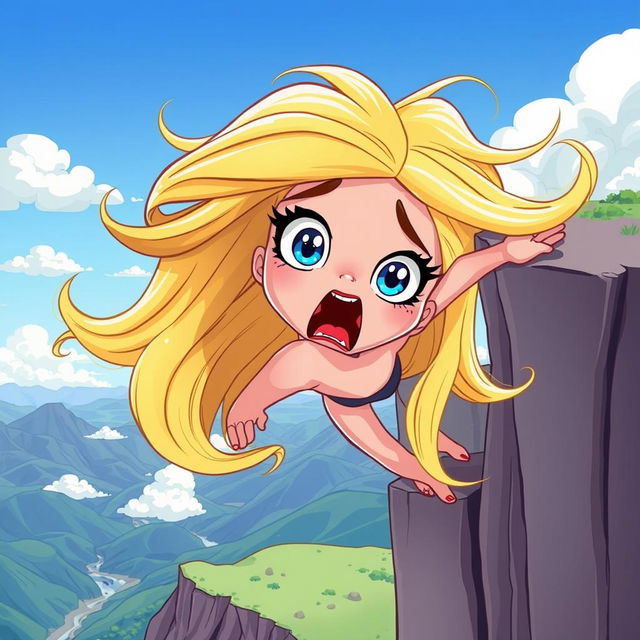 A beautiful blonde cartoon woman with large blue eyes and vibrant red lips, her hair flowing dramatically as she falls off a cliff, showing a scared expression